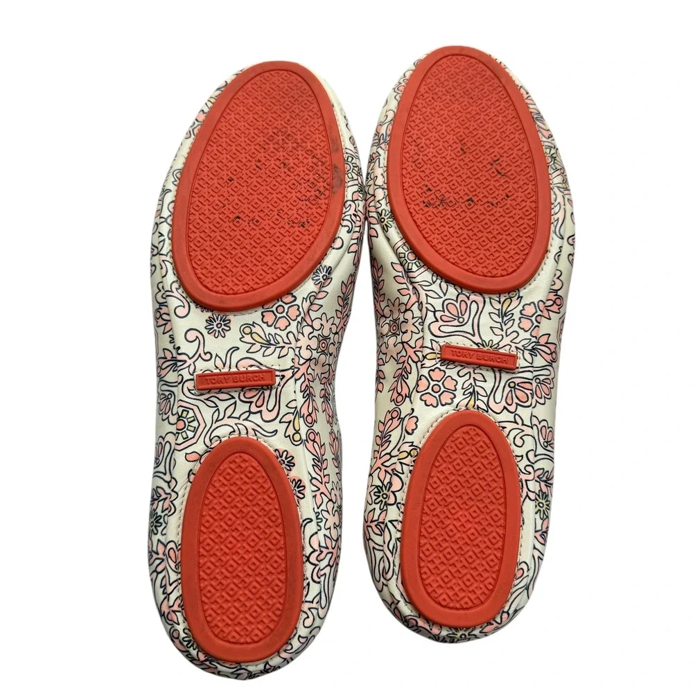 Tory Burch Minnie Travel Ballet Flats Cream Pink Floral Paisley Leather Size 9